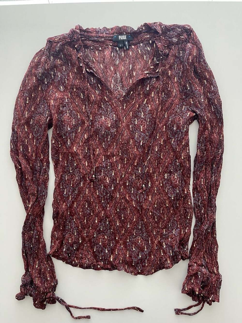 PAIGE Women's Size S Maroon Metallic Crinkle Long Sleeve Blouse
